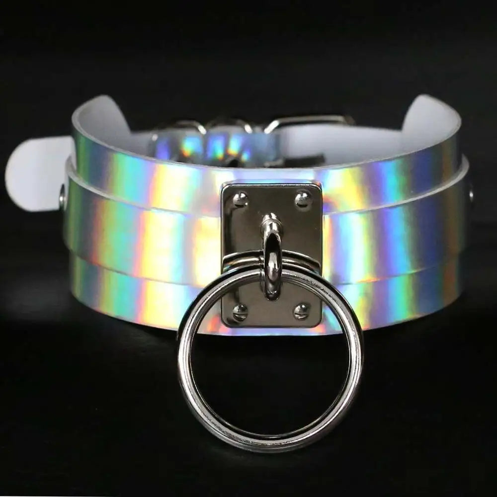 Holographic Rainbow Choker Chain necklace Punk  Leather Collar Women Holo Chocker Rave Festival Costume Jewelry