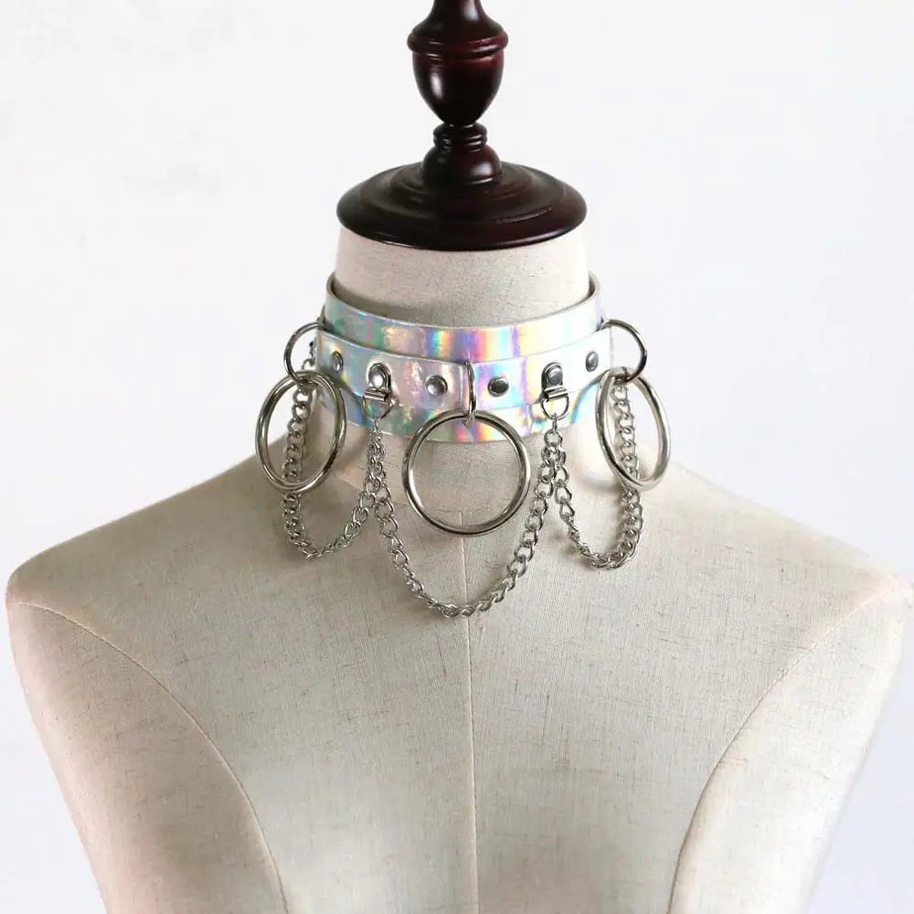 Holographic Rainbow Choker Chain necklace Punk  Leather Collar Women Holo Chocker Rave Festival Costume Jewelry