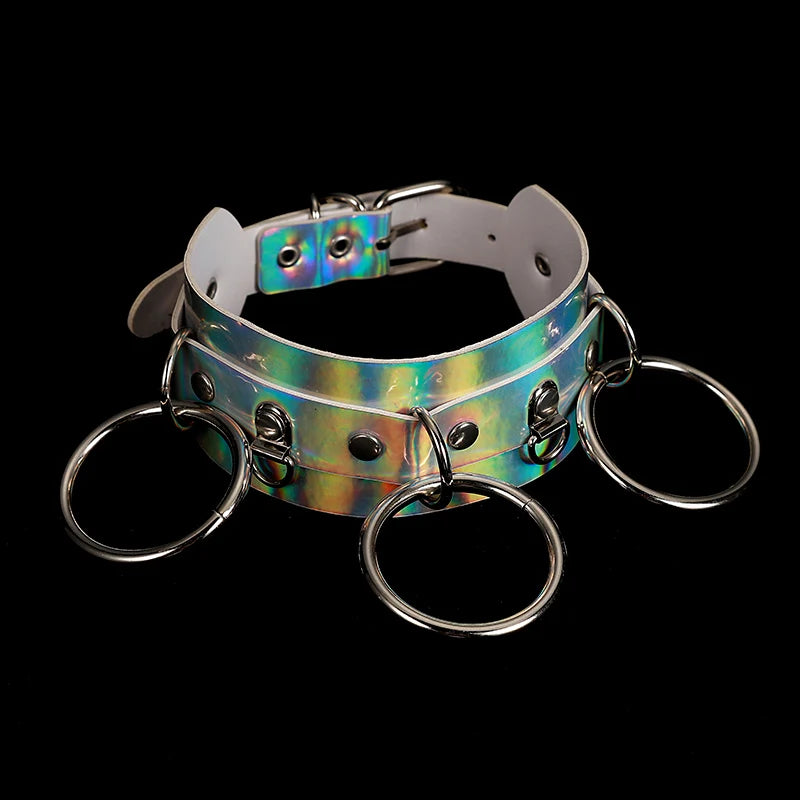 Holographic Rainbow Choker Chain necklace Punk  Leather Collar Women Holo Chocker Rave Festival Costume Jewelry