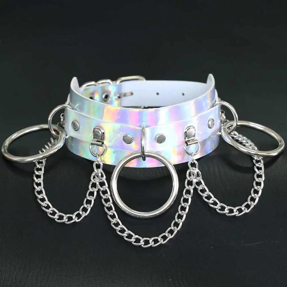 Holographic Rainbow Choker Chain necklace Punk  Leather Collar Women Holo Chocker Rave Festival Costume Jewelry