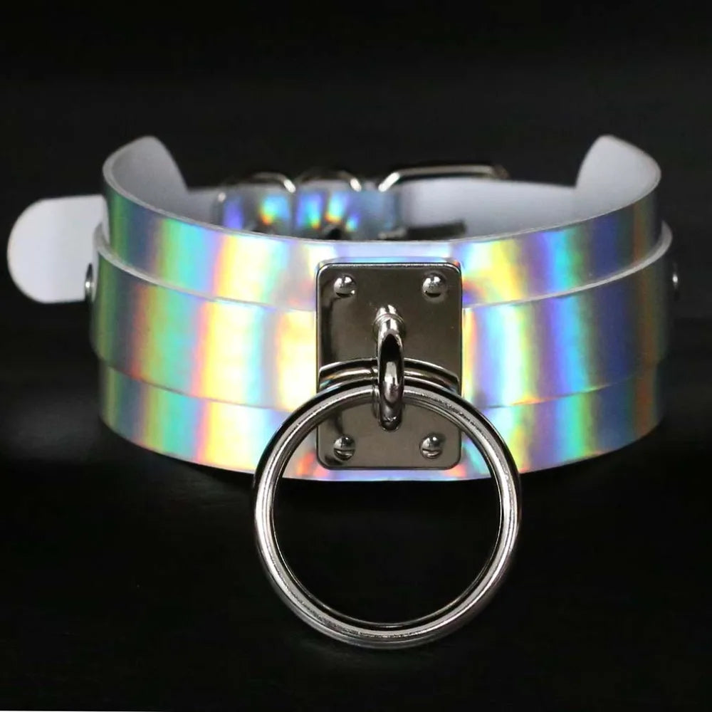 Holographic Rainbow Choker Chain necklace Punk  Leather Collar Women Holo Chocker Rave Festival Costume Jewelry
