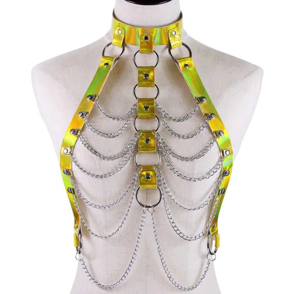 Holographic Leather  Body Chain Harness Top Punk  Women Holo Rainbow  Waist  Jewelry  Festival Rave Outfit