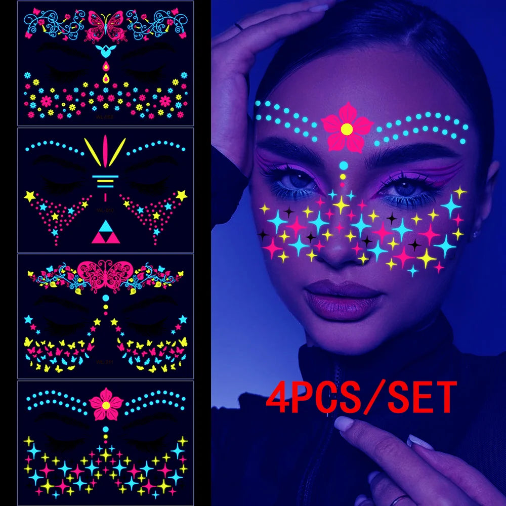 4/8/12/24Pcs Fluorescent Face Stickers Flower Waterproof Glowing Temporary Tattoo Sticker For Party/Music Festival Face Decals *