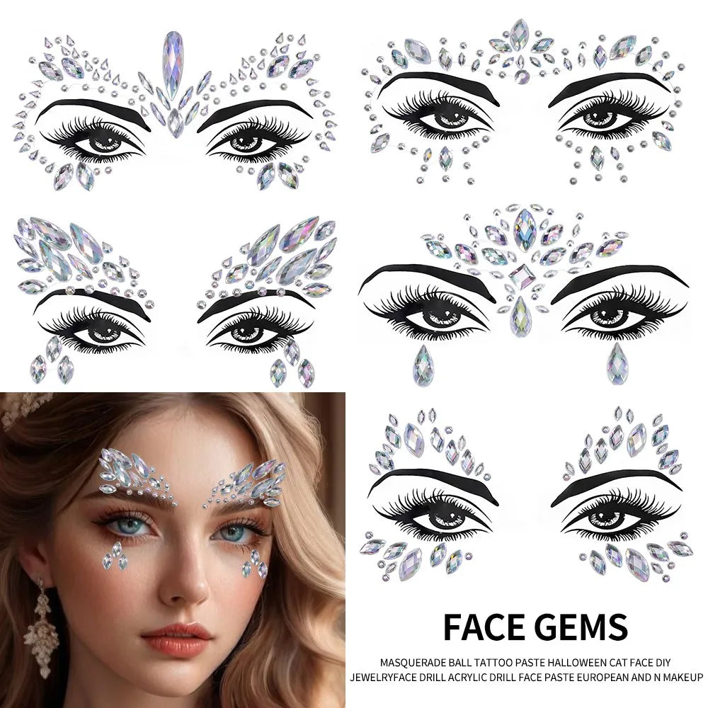 3D Rhinestone Face Sticker Festival Party Glitter Diamond Makeup Jewelry Face Tattoo Sticker Crystal Gems Jewels Face Decoration