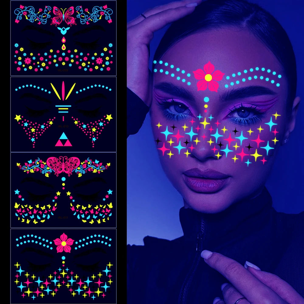 4/8/12/24Pcs Fluorescent Face Stickers Flower Waterproof Glowing Temporary Tattoo Sticker For Party/Music Festival Face Decals *