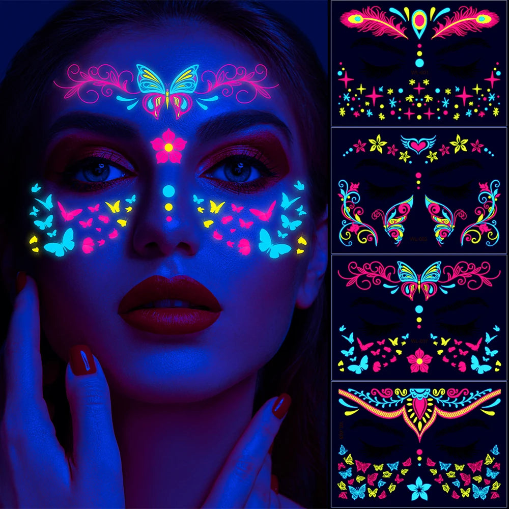 4/8/12/24Pcs Fluorescent Face Stickers Flower Waterproof Glowing Temporary Tattoo Sticker For Party/Music Festival Face Decals *