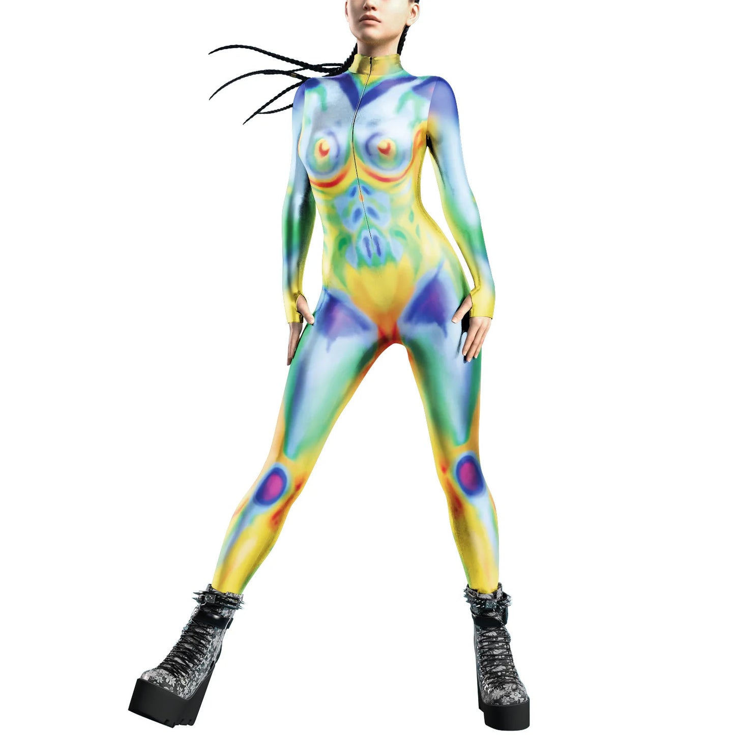 Women Zipper Adult Jumpsuit Clothing Colorful Texture 3D Print Zentai Bodysuit Thumb Sleeves Cosplay Costume Halloween Outfit