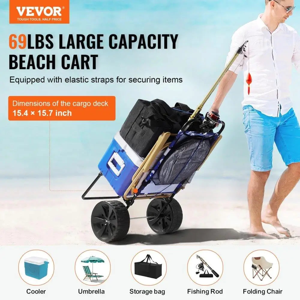 Heavy-Duty 10-Wheel Beach Dolly Cart - 15.4x15.7 Cargo Deck, 69LBS Capacity for Camping, Fishing & Gardening