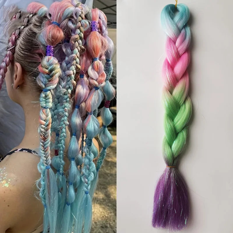 Purple Pink White 3 Tones Ombre Straight Braids Blend Hair Tinsel Festival Rave Hair Extensions for Girls Crazy Hair Day Braids