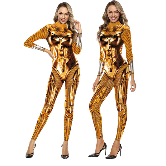 Women Superhero Cosplay Costume Printed Jumpsuit Outfit Fancy Dress Clothing Adult Bodysuit Zentai Muscle Suit Armor Combat Suit