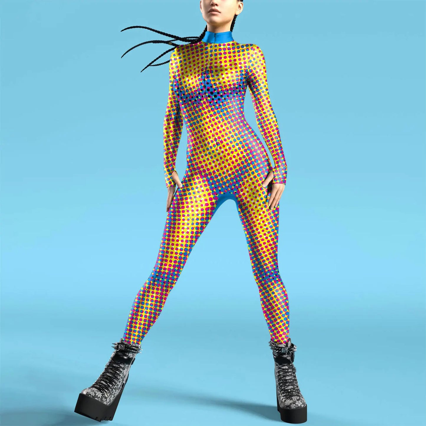 Women Zipper Adult Jumpsuit Clothing Colorful Texture 3D Print Zentai Bodysuit Thumb Sleeves Cosplay Costume Halloween Outfit