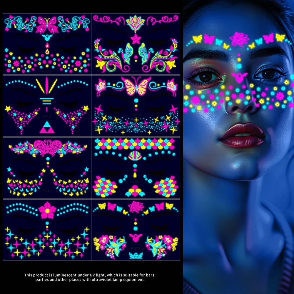 4/8/12/24Pcs Fluorescent Face Stickers Flower Waterproof Glowing Temporary Tattoo Sticker For Party/Music Festival Face Decals *