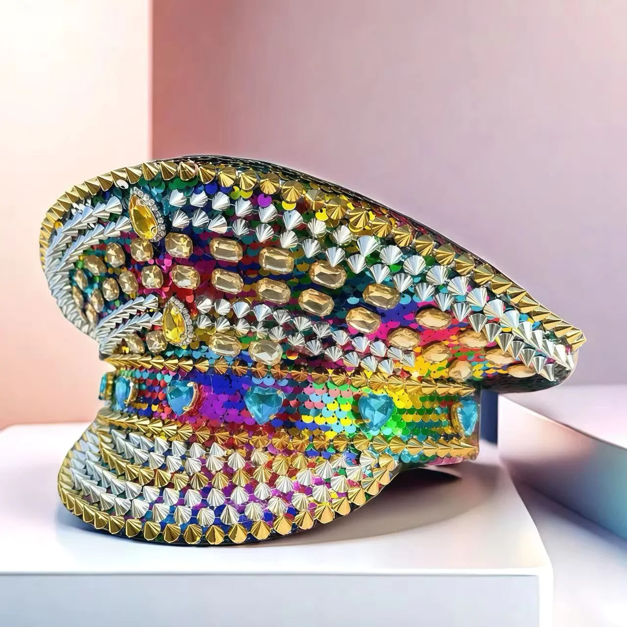 HongLuan Golden Bling Captain Hat Rhinestone for Woman - Luxury Colorful Steampunk Military Cap for Burning Man Music Festival