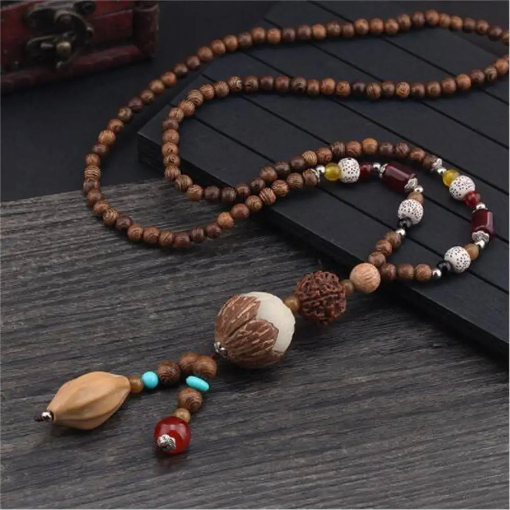 Fashion Vintage Style Feather Elephant Wood Beaded Stone Pendant Statement Necklace Nepal Women Men Jewelry