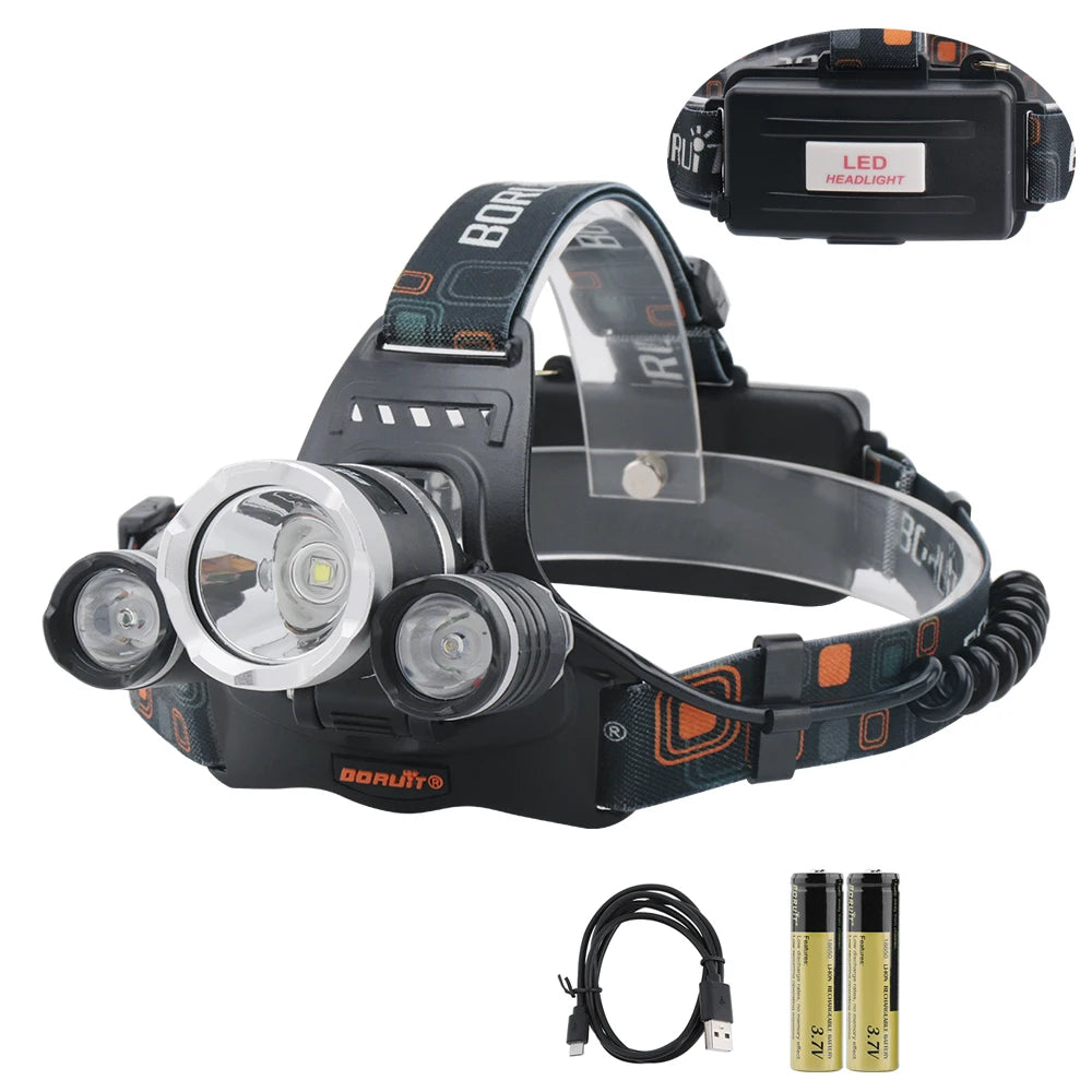 BORUiT RJ-3000 Powerful LED Headlamp 3000LM Type-C Rechargeable Headlight Waterproof Head Torch Fishing Hunting Lantern
