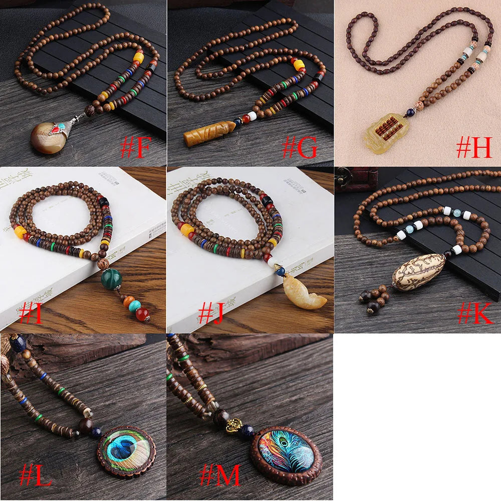 Ethnic Handmade Jewelry Mala Horn Nepal Pendant Long Necklace Necklace Wood Beads