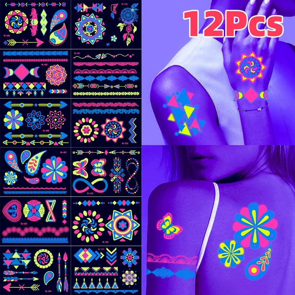 4/8/12/24Pcs Fluorescent Face Stickers Flower Waterproof Glowing Temporary Tattoo Sticker For Party/Music Festival Face Decals *