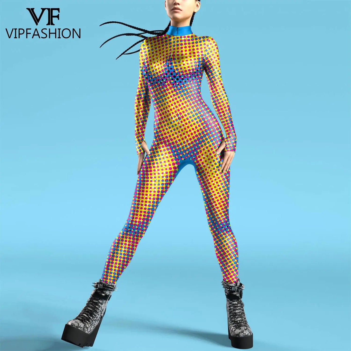 VIP FASHION Colorful Zentai Bodysuit Thumb Sleeves Cosplay Costume Front Zipper Jumpsuit Burning Man Festival Outfit for Woman