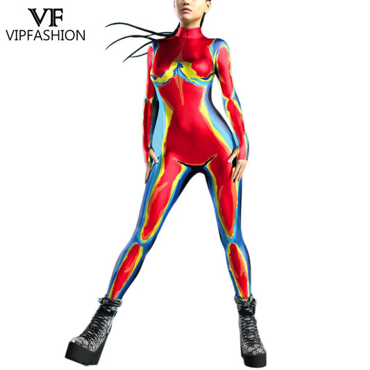 VIP FASHION Colorful Zentai Bodysuit Thumb Sleeves Cosplay Costume Front Zipper Jumpsuit Burning Man Festival Outfit for Woman