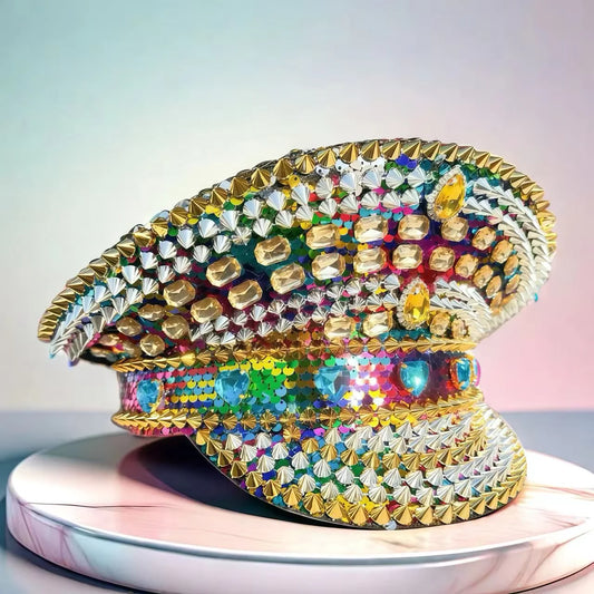HongLuan Golden Bling Captain Hat Rhinestone for Woman - Luxury Colorful Steampunk Military Cap for Burning Man Music Festival