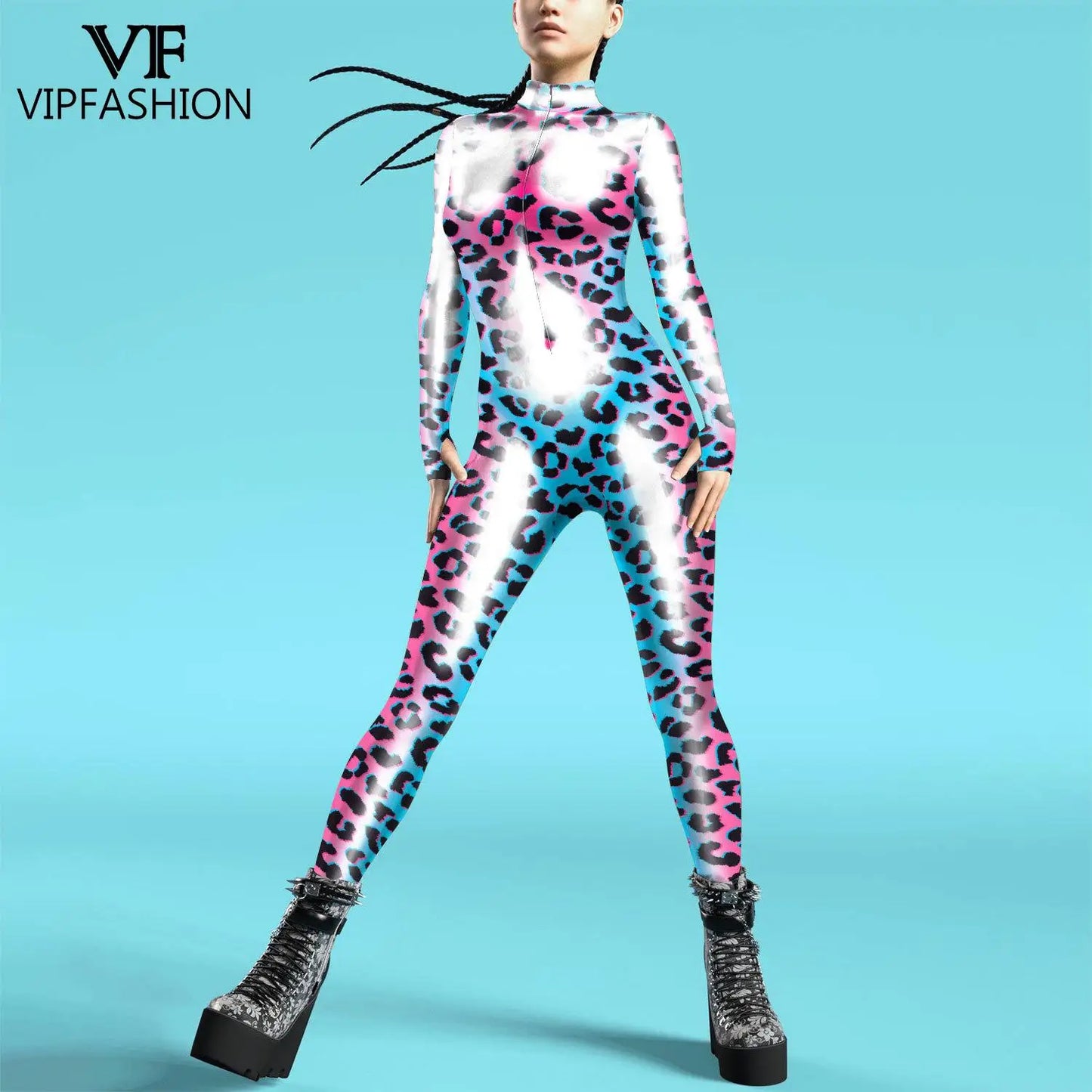 VIP FASHION Colorful Zentai Bodysuit Thumb Sleeves Cosplay Costume Front Zipper Jumpsuit Burning Man Festival Outfit for Woman