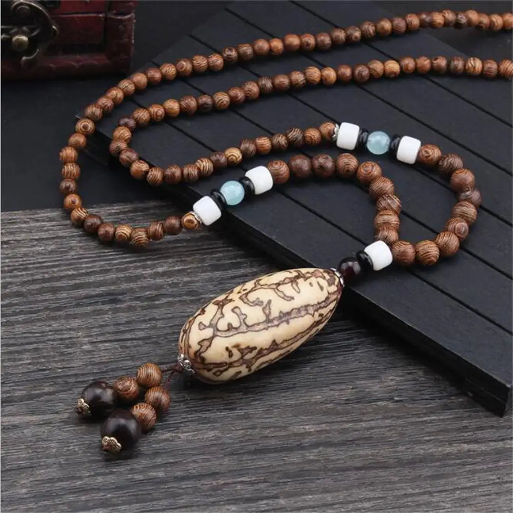 Fashion Vintage Style Feather Elephant Wood Beaded Stone Pendant Statement Necklace Nepal Women Men Jewelry