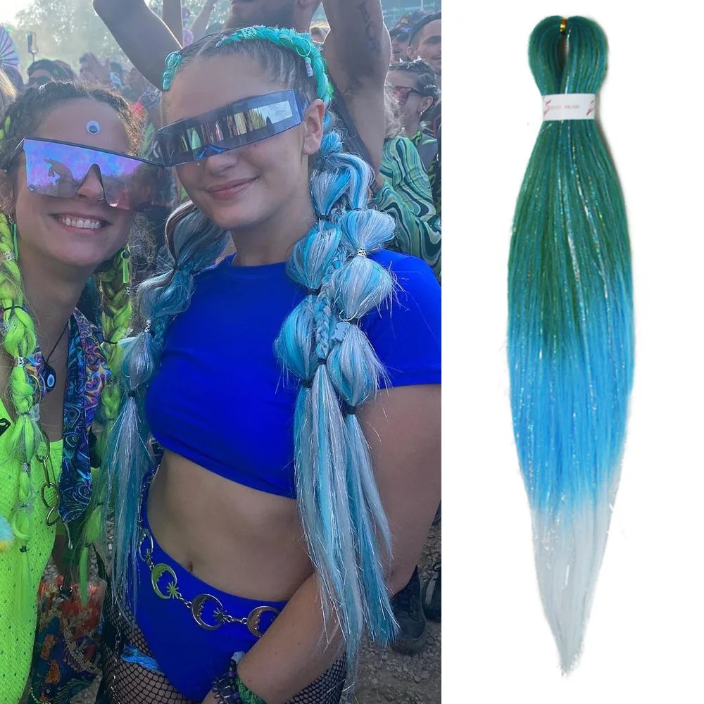 Purple Pink White 3 Tones Ombre Straight Braids Blend Hair Tinsel Festival Rave Hair Extensions for Girls Crazy Hair Day Braids