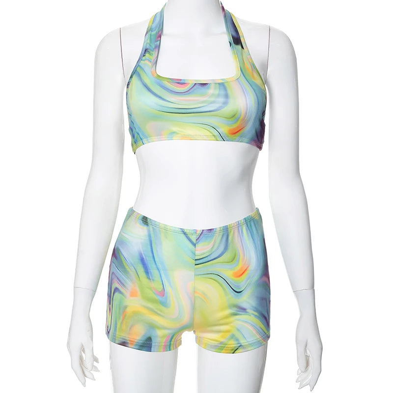 BUILDINGB 2024 Summer Halter Top Mini Short Tie Dye Beach Party Set Hollow Out Sexy Backelss Bikini Hot Girl Swimming Set