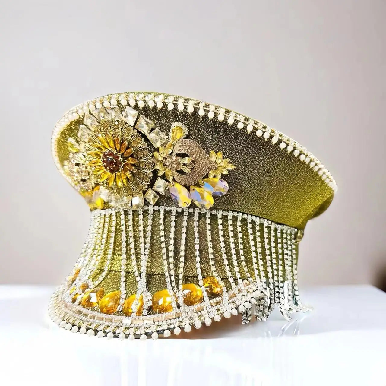 HongLuan Steampunk Captain Hat Rhinestone for Burning Man Festival Woman with Tassel - Vintage Military Hats for Man