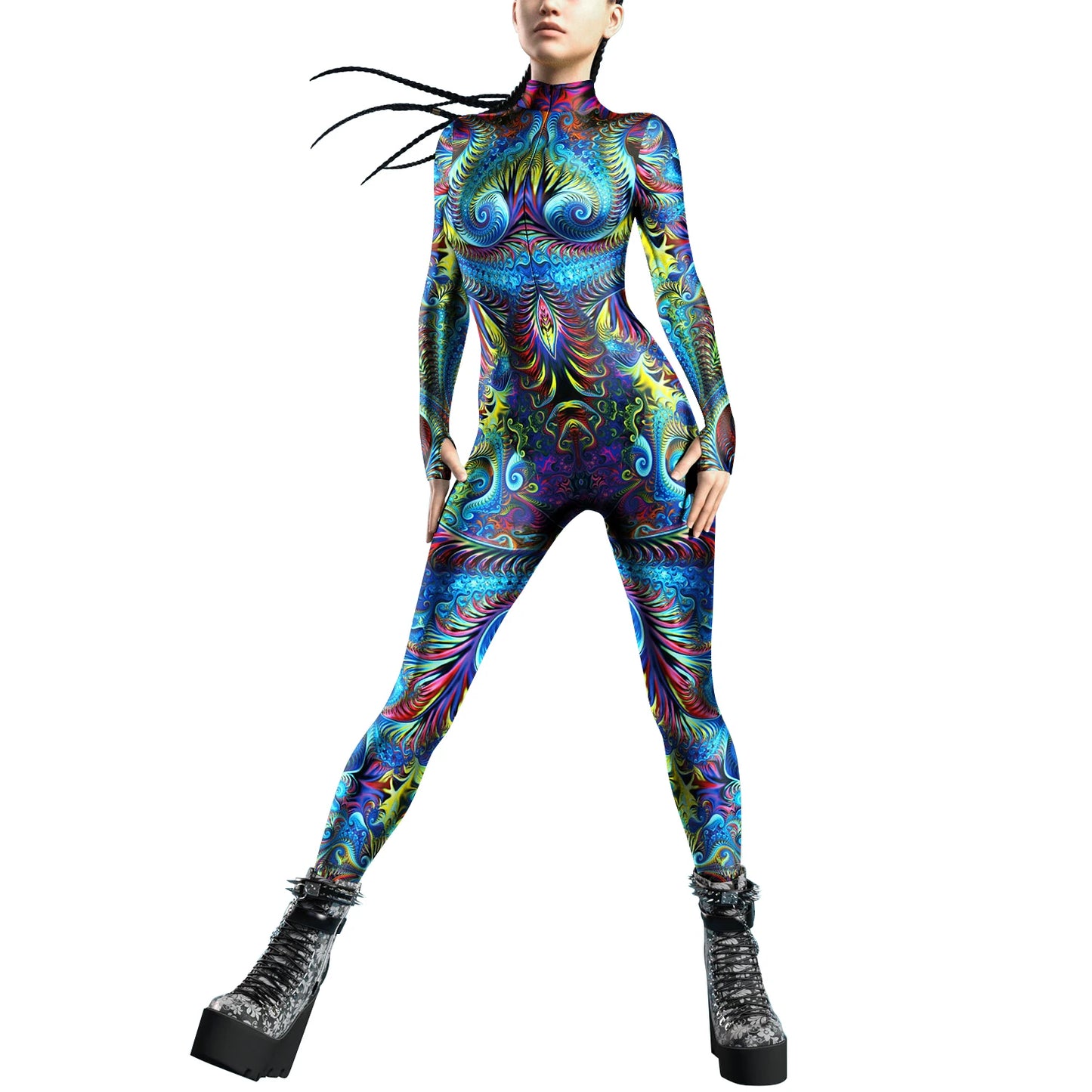Women Zipper Adult Jumpsuit Clothing Colorful Texture 3D Print Zentai Bodysuit Thumb Sleeves Cosplay Costume Halloween Outfit