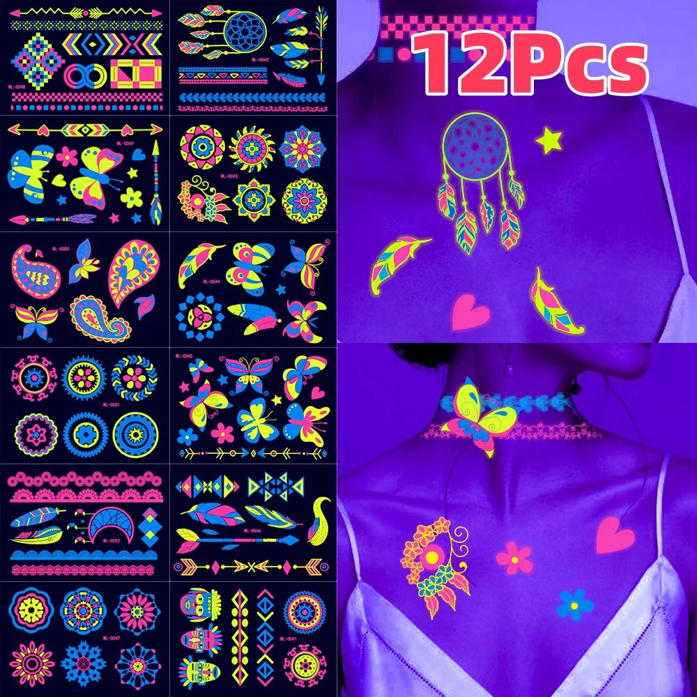 4/8/12/24Pcs Fluorescent Face Stickers Flower Waterproof Glowing Temporary Tattoo Sticker For Party/Music Festival Face Decals *