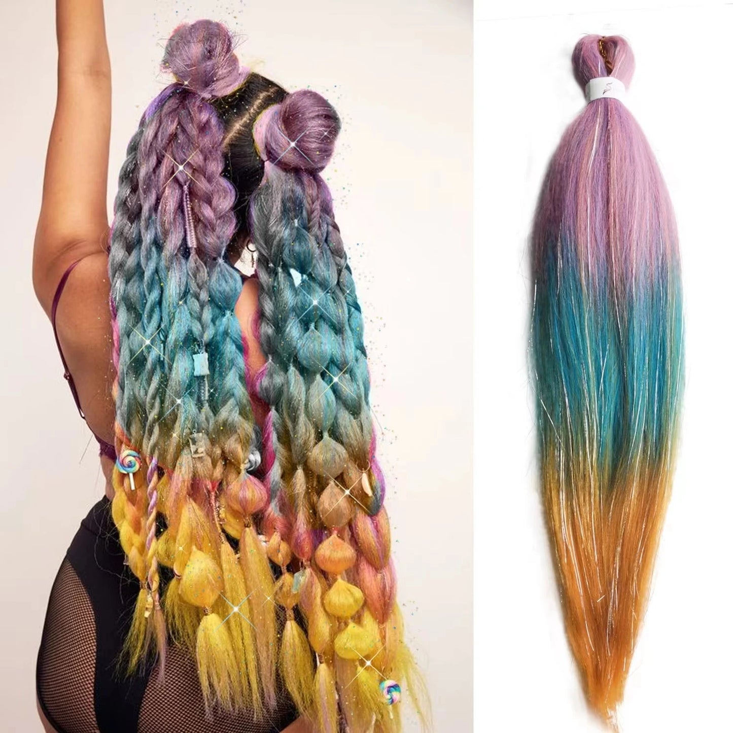 Purple Pink White 3 Tones Ombre Straight Braids Blend Hair Tinsel Festival Rave Hair Extensions for Girls Crazy Hair Day Braids