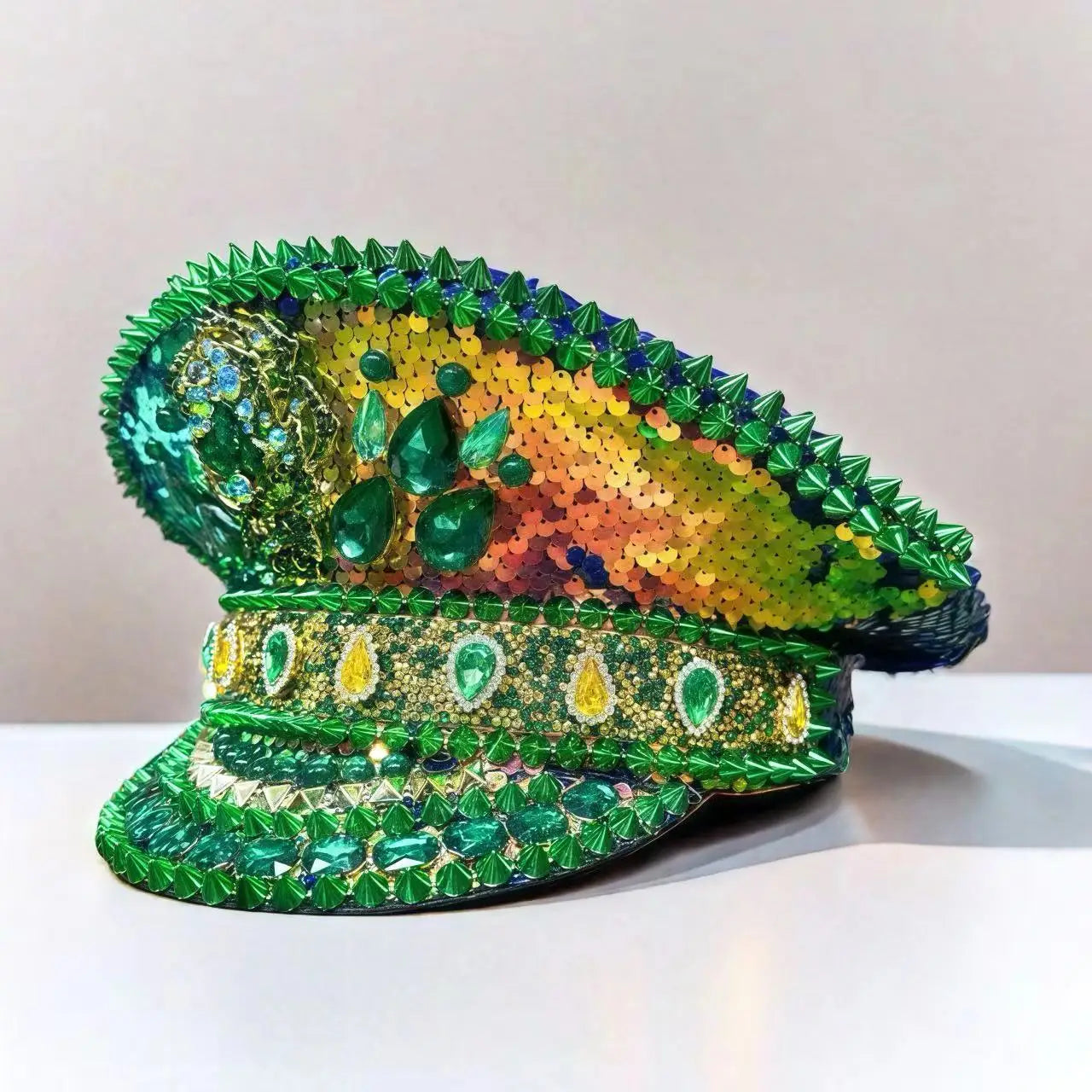 HongLuan Green Rose Woman Bling Captain Hat Rhinestone for Man Glitter Steampunk Military Cap for Burning Man Music Festivals