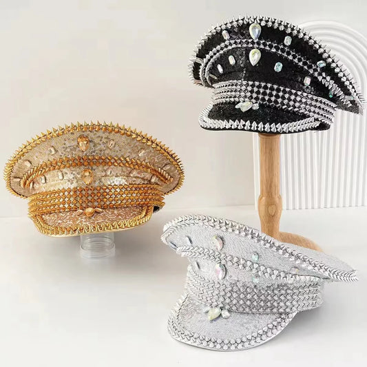 HongLuan Silver Rhinestone Captain Hat Black - Bling Steampunk Military Solid Color Hats for Burning Man & Music Festivals