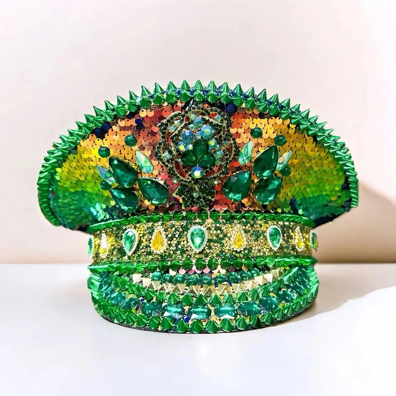 HongLuan Green Rose Woman Bling Captain Hat Rhinestone for Man Glitter Steampunk Military Cap for Burning Man Music Festivals