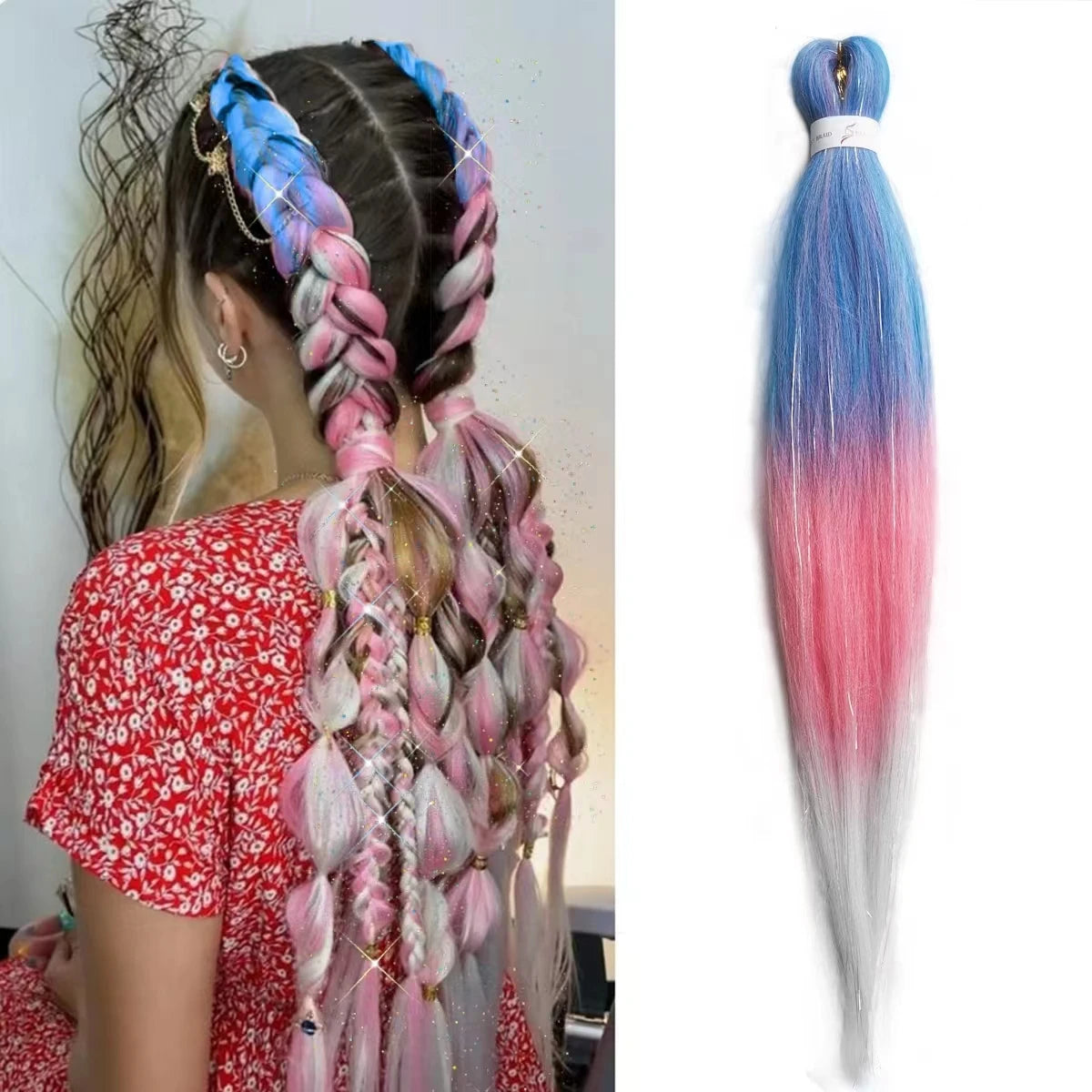 Purple Pink White 3 Tones Ombre Straight Braids Blend Hair Tinsel Festival Rave Hair Extensions for Girls Crazy Hair Day Braids