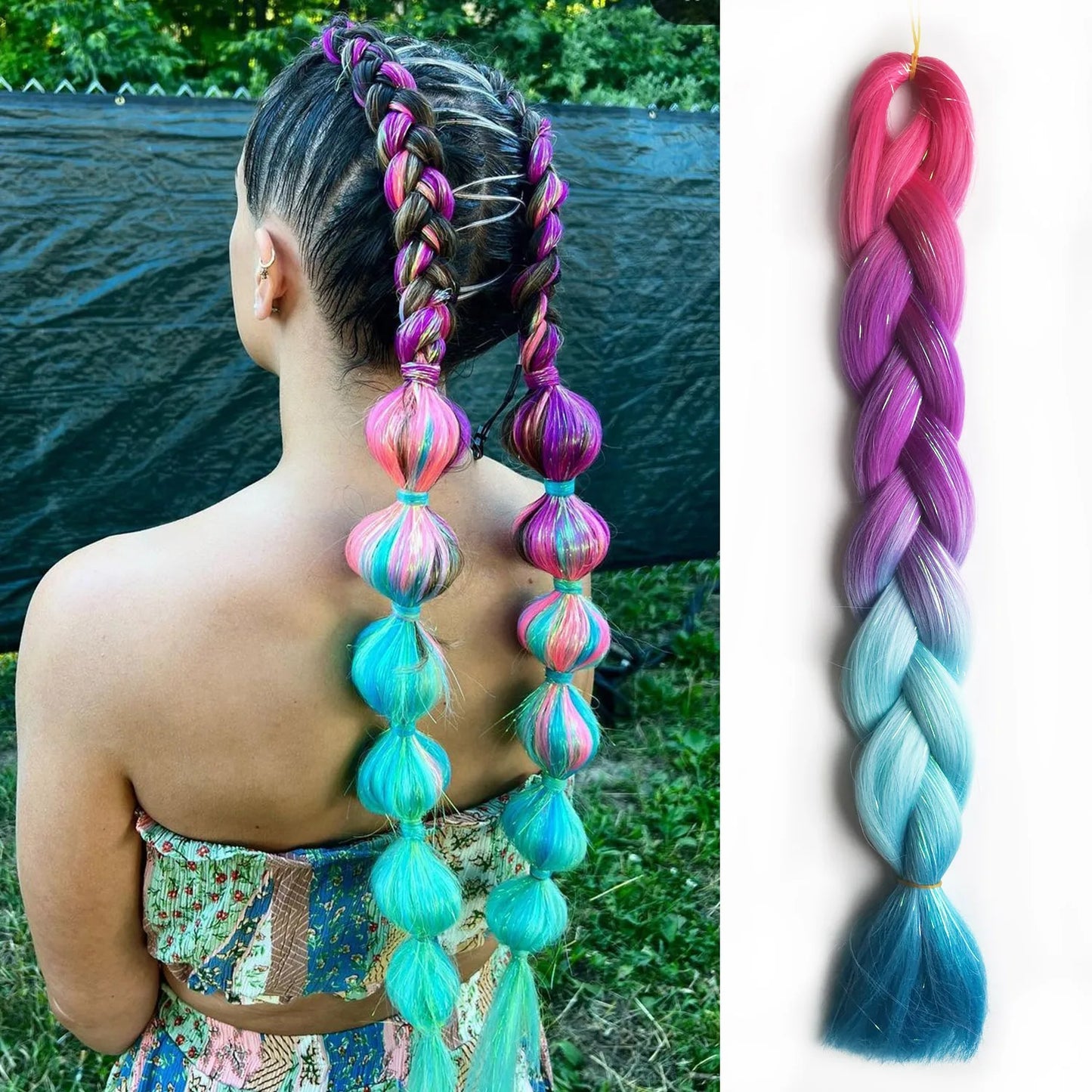 Purple Pink White 3 Tones Ombre Straight Braids Blend Hair Tinsel Festival Rave Hair Extensions for Girls Crazy Hair Day Braids