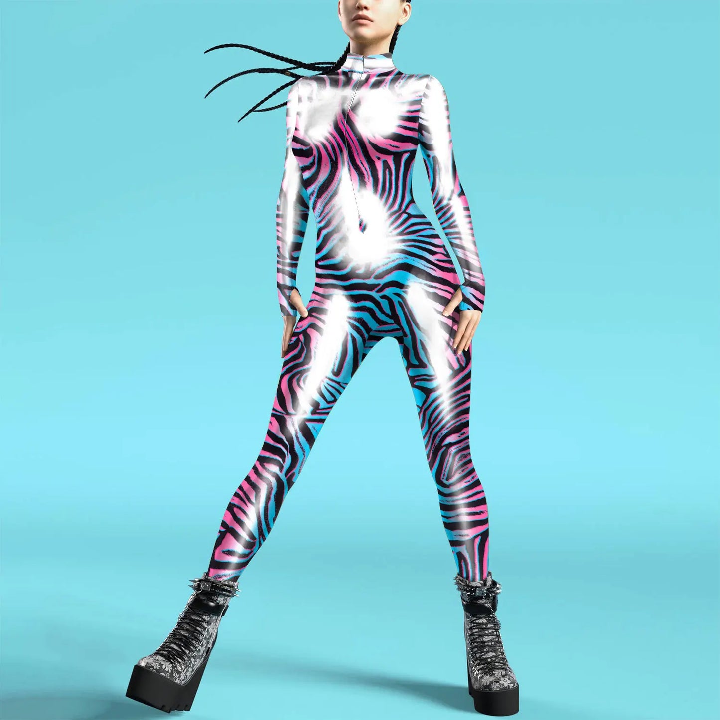 Women Zipper Adult Jumpsuit Clothing Colorful Texture 3D Print Zentai Bodysuit Thumb Sleeves Cosplay Costume Halloween Outfit