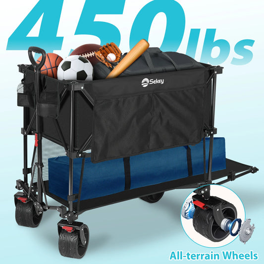 450LBS Double Decker Collapsible Wagon 50"L Extended 400L Large Capacity Heavy Duty Foldable Wagon Folding Cart