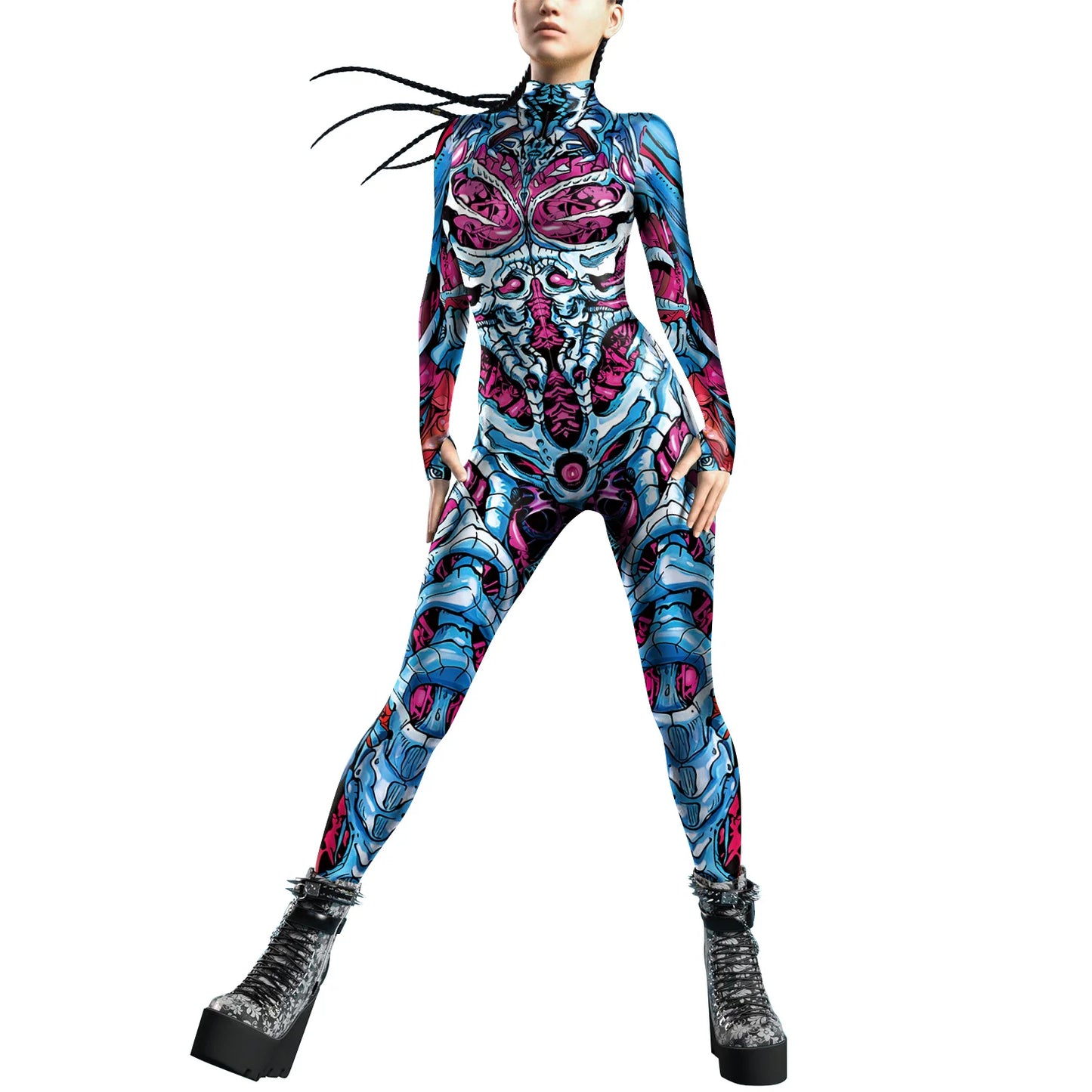 VIP FASHION Colorful Zentai Bodysuit Thumb Sleeves Cosplay Costume Front Zipper Jumpsuit Burning Man Festival Outfit for Woman