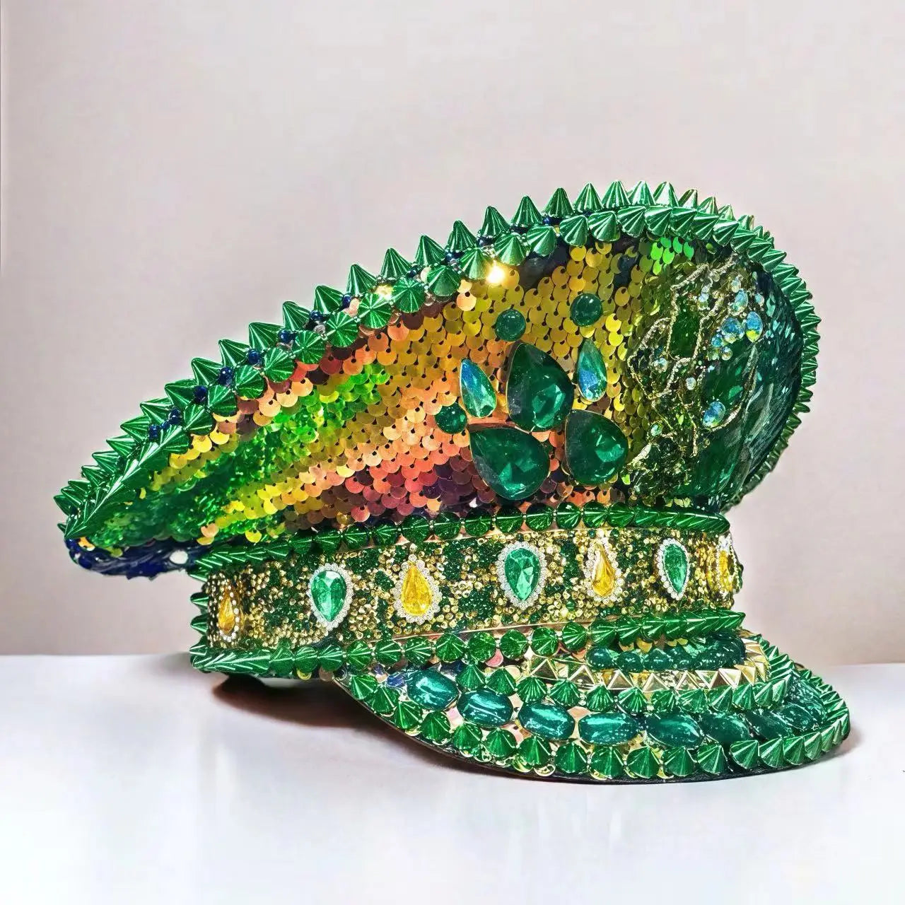 HongLuan Green Rose Woman Bling Captain Hat Rhinestone for Man Glitter Steampunk Military Cap for Burning Man Music Festivals