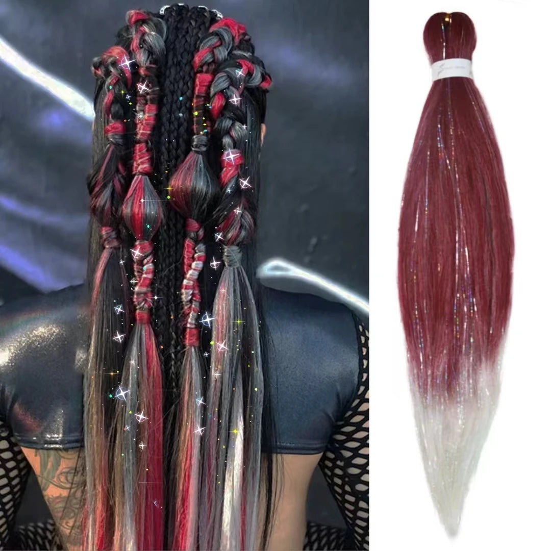 Purple Pink White 3 Tones Ombre Straight Braids Blend Hair Tinsel Festival Rave Hair Extensions for Girls Crazy Hair Day Braids