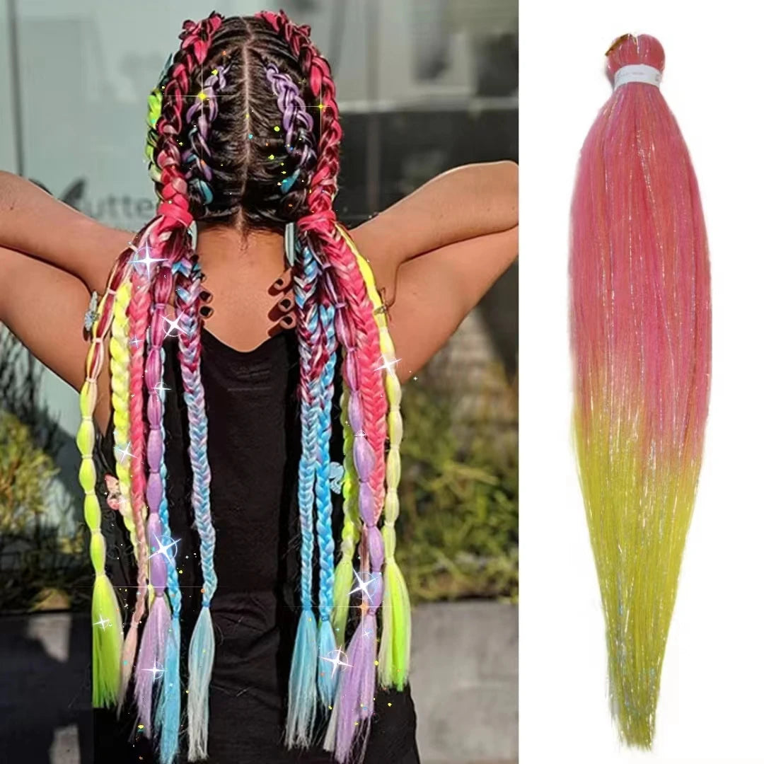 Purple Pink White 3 Tones Ombre Straight Braids Blend Hair Tinsel Festival Rave Hair Extensions for Girls Crazy Hair Day Braids