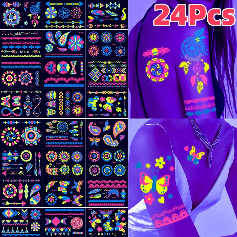 4/8/12/24Pcs Fluorescent Face Stickers Flower Waterproof Glowing Temporary Tattoo Sticker For Party/Music Festival Face Decals *