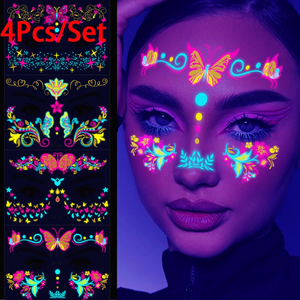 4/8/12/24Pcs Fluorescent Face Stickers Flower Waterproof Glowing Temporary Tattoo Sticker For Party/Music Festival Face Decals *