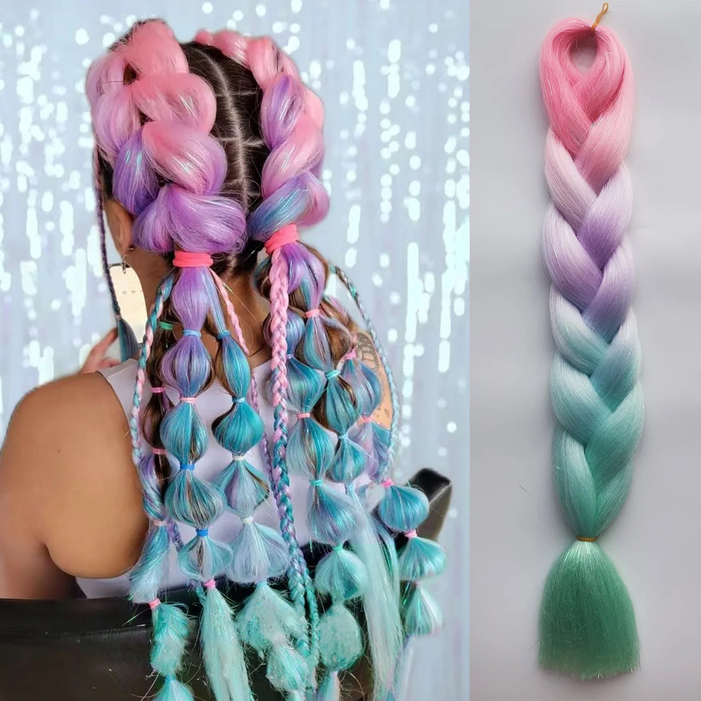 Purple Pink White 3 Tones Ombre Straight Braids Blend Hair Tinsel Festival Rave Hair Extensions for Girls Crazy Hair Day Braids