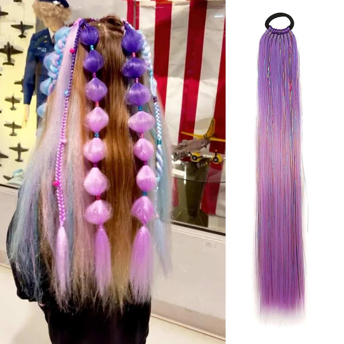 Purple Pink White 3 Tones Ombre Straight Braids Blend Hair Tinsel Festival Rave Hair Extensions for Girls Crazy Hair Day Braids