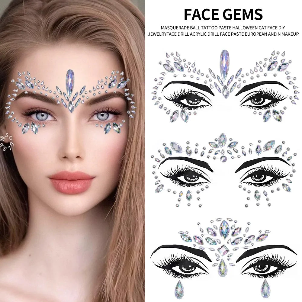 3D Rhinestone Face Sticker Festival Party Glitter Diamond Makeup Jewelry Face Tattoo Sticker Crystal Gems Jewels Face Decoration