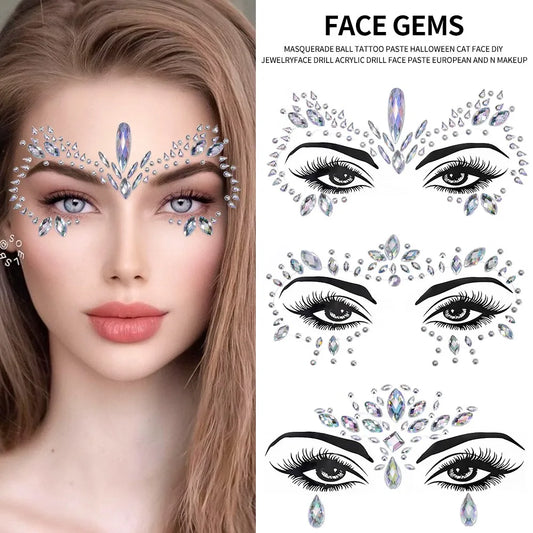 3D Rhinestone Face Sticker Festival Party Glitter Diamond Makeup Jewelry Face Tattoo Sticker Crystal Gems Jewels Face Decoration