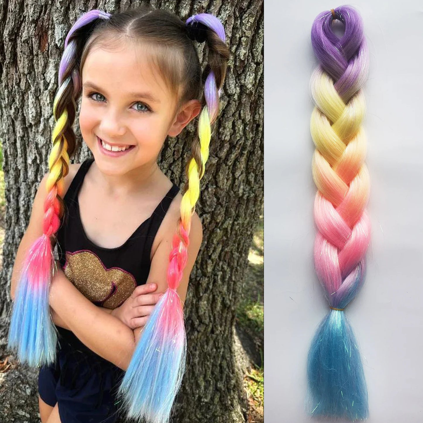 Purple Pink White 3 Tones Ombre Straight Braids Blend Hair Tinsel Festival Rave Hair Extensions for Girls Crazy Hair Day Braids
